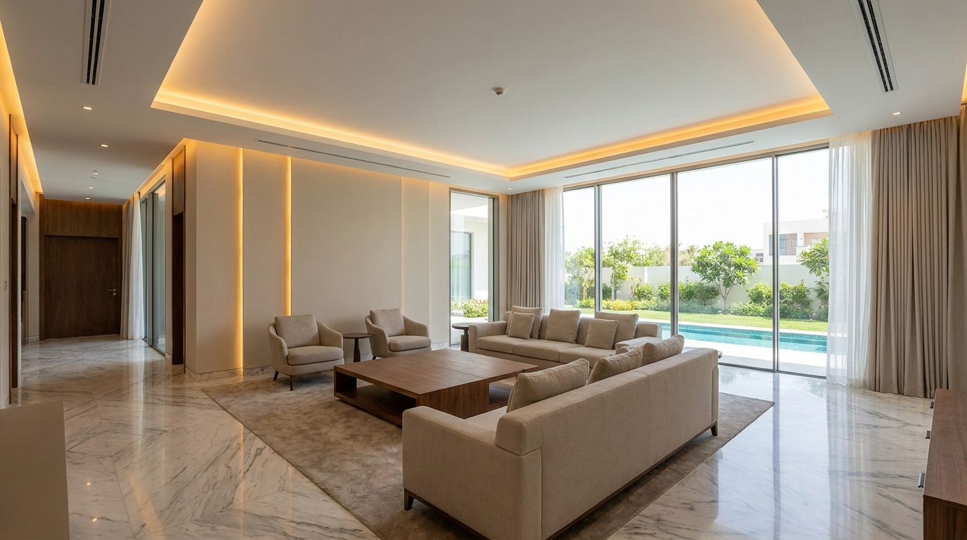 Dubai villa renovation planning with marble flooring, warm ceiling lighting, and coordinated interior finishes