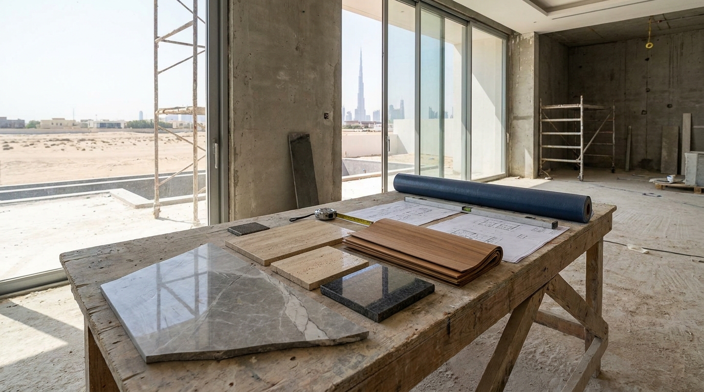Material coordination for a Dubai villa renovation, including porcelain, stone, joinery veneer, and waterproofing layers
