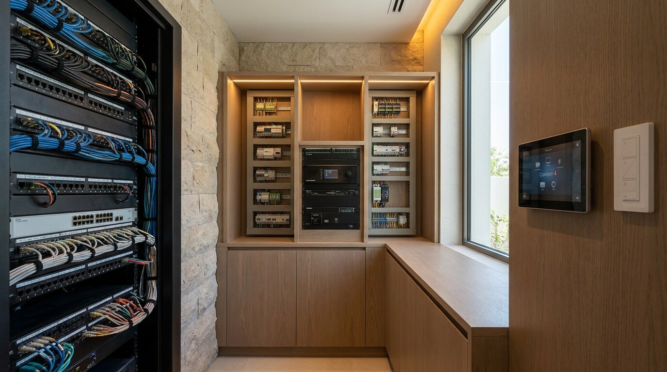 KNX, Crestron, and Control4 in Dubai Villas: How to Choose the Smart Home Brain visual reference 1 showing luxury Dubai villa smart home control room with KNX panels, Crestron processor, labeled AV rack, and lighting circuits
