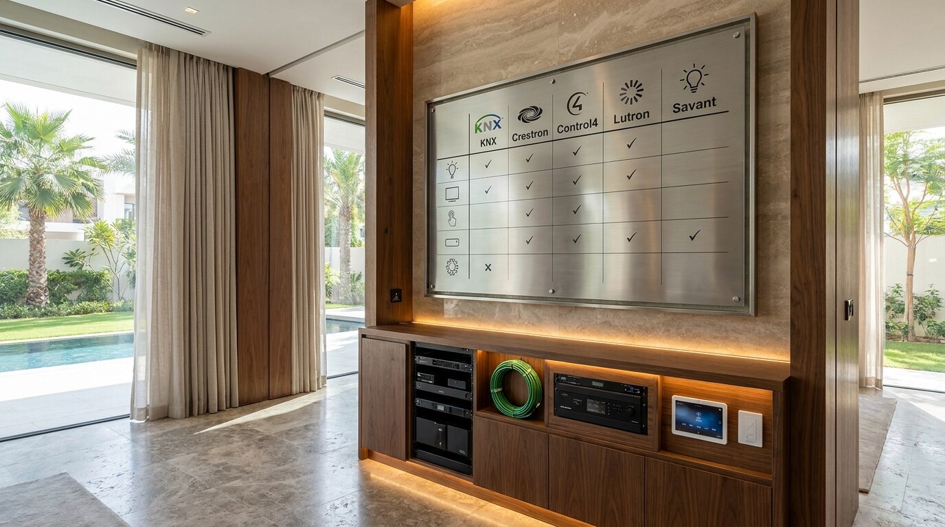 KNX, Crestron, and Control4 in Dubai Villas: How to Choose the Smart Home Brain visual reference 2 showing decision matrix board comparing KNX, Crestron, Control4, Lutron, and Savant for a villa owner